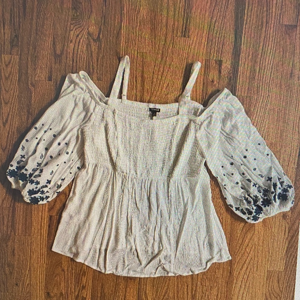White Off-Shoulder Embroidered Sleeve Women's Top